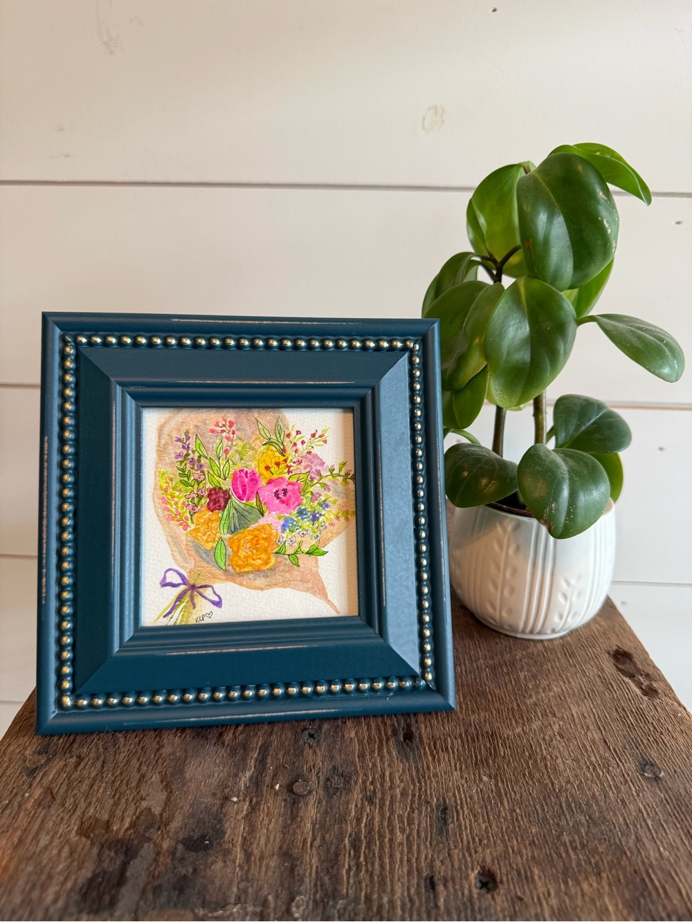 Handcrafted watercolor original in 4x4 frame